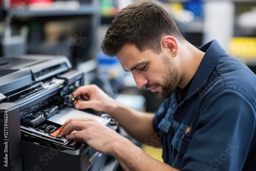 A worker maintains a printer in a industrial setting
