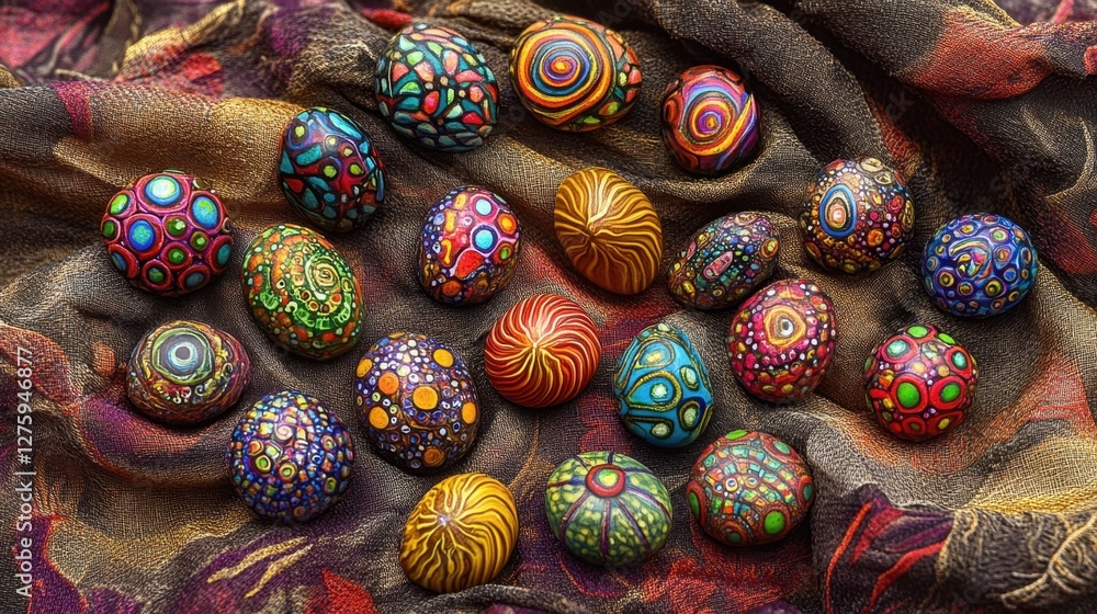 A set of handcrafted polymer clay pendants in abstract shapes arranged on a textured cloth A set of handcrafted polymer clay pendants in abstract shapes arranged on a textured cloth