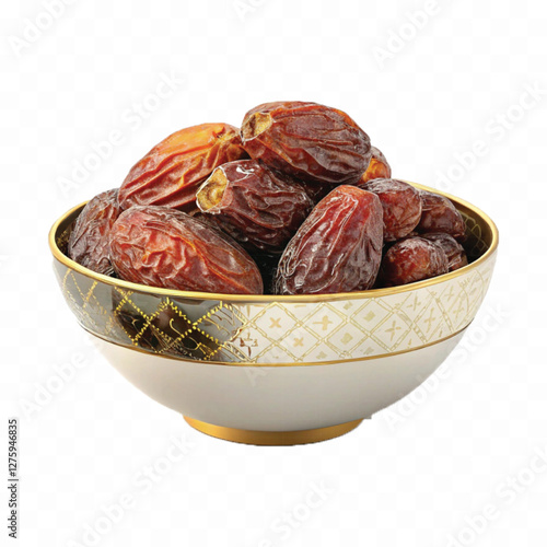 abstract 3d Royal dry dates lie in big bowl isolated on white background