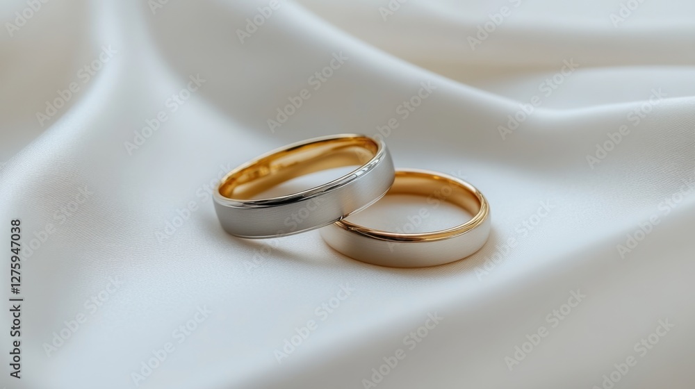 A set of matching wedding bands in gold and platinum resting on a white satin fabric A set of matching wedding bands in gold and platinum resting on a white satin fabric
