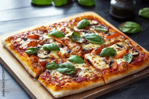 Freshly cut pizza slice on a wooden cutting board, suitable for food styling and editorial use