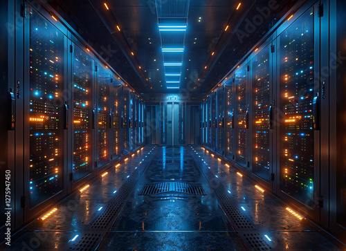 Detailed 3D Rendering of a Server Room with Node-Based Architecture, Data Center Design Elements, and Computing Hardware Integration