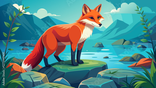 Beautiful red fox standing on a few stones over the water surface. Very focused on its prey. Pure natural wildlife photo. Ready to hunt.