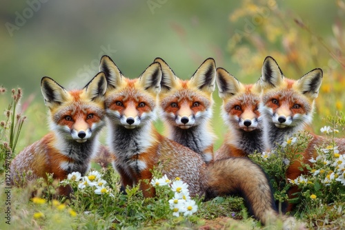 Group of foxes resting on a lush green grassy area photo