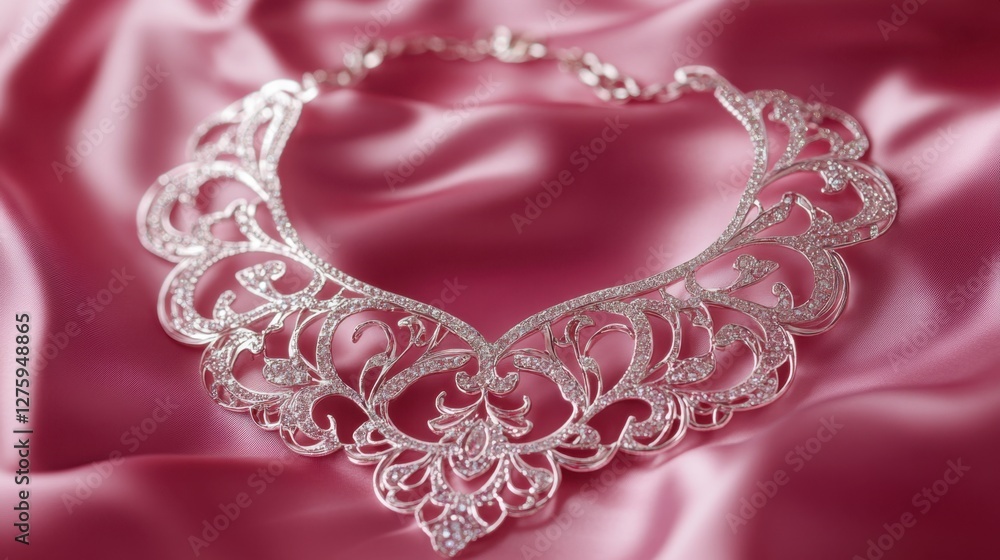 Obraz premium A sparkling silver fashion necklace with intricate detailing on a soft pink background
