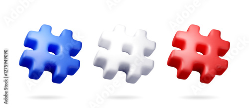 3d realistic hashtag symbol isolated on white. Render hash tag icon for social media. Chat message, communication, ad, search and online community. Blog and social network. Vector illustration