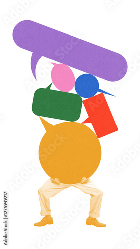 Obraz na plátne Figure balancing oversized speech bubbles, representing weight of conversations, overwhelming discussions, and pressure of communication
