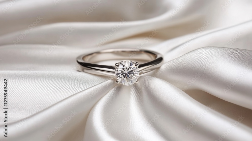 A stylish engagement ring with a modern bezel setting placed on a luxurious white fabric A stylish engagement ring with a modern bezel setting placed on a luxurious white fabric