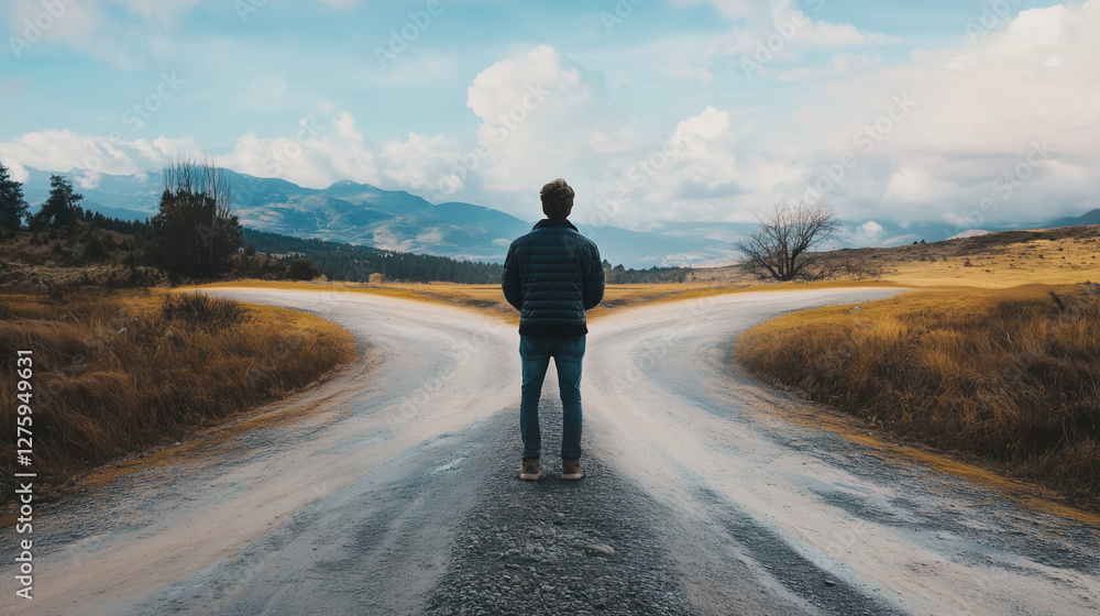 A person standing at a crossroad, looking in multiple directions, uncertain A person standing at a crossroad, looking in multiple directions, uncertain