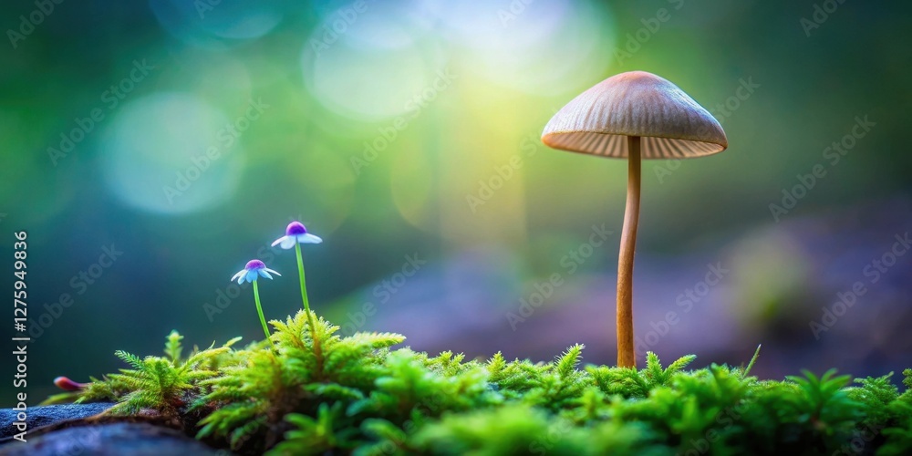 A single mushroom emerges from vibrant green moss, accompanied by delicate blue wildflowers in a soft-focus natural setting. A single mushroom emerges from vibrant green moss, accompanied by delicate blue wildflowers in a soft-focus natural setting.