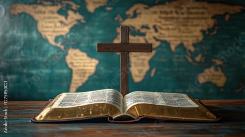 Fototapeta Naklejka Na Ścianę i Meble -  Open bible with wooden cross on world map background.