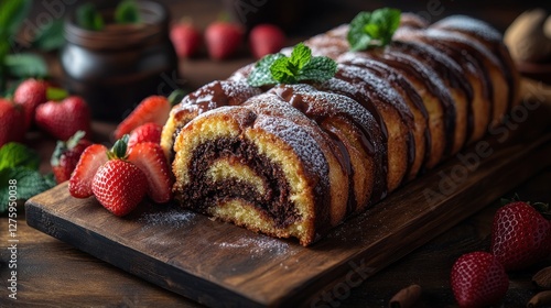 Chocolate roll cake with strawberries on wooden board photo