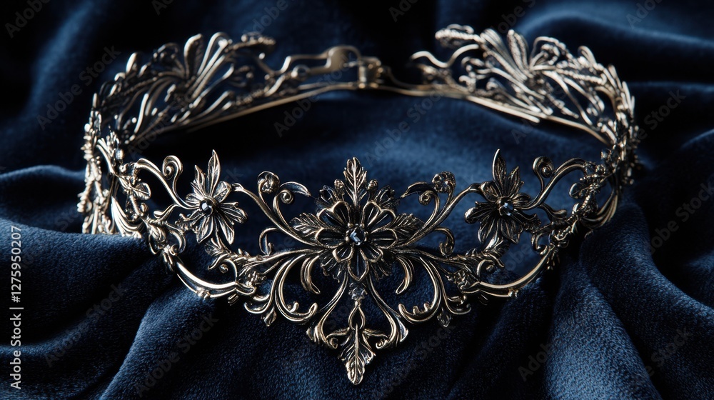 Obraz premium A vintage-inspired gold choker necklace with intricate floral details resting on a velvet surface