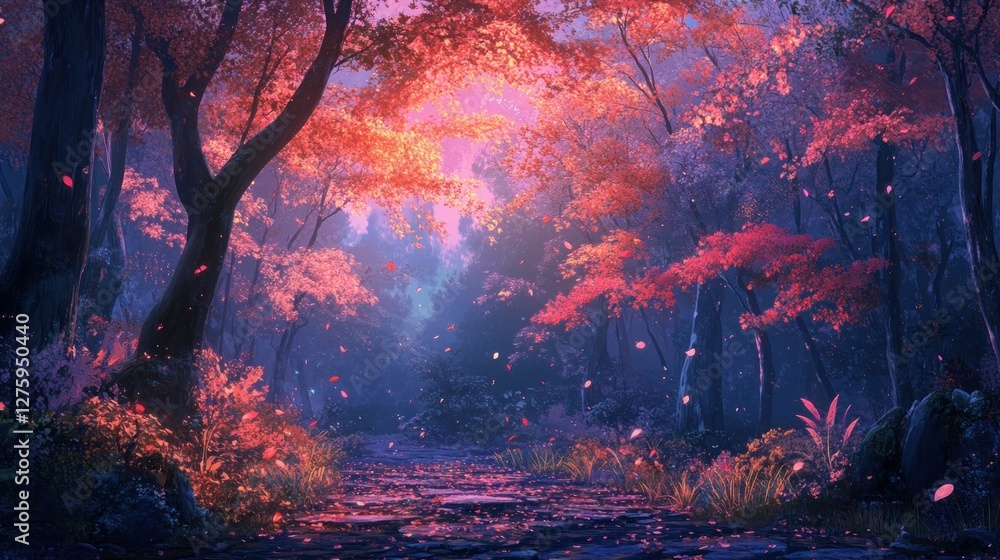 Fototapeta premium Enchanted Autumn Forest Path: A Digital Painting of Serene Nature