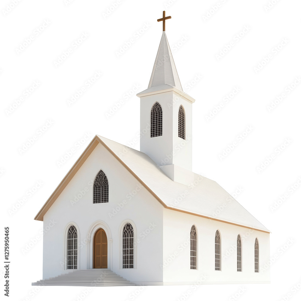 Fototapeta premium White church building with a tall spire and cross on top