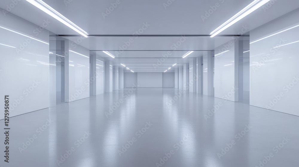Obraz premium Art gallery empty interior, 3d room with white walls, floor and illumination lamps. Museum passages with lights for pictures presentation, photography contest exhibition hall, Realistic vector mock up