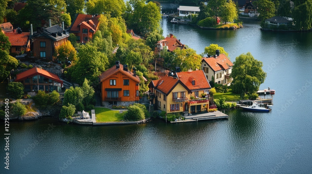 Obraz premium Stockholm Archipelago View, Charming Waterfront Houses and Historic Buildings.