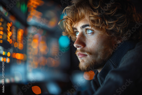 Creative Coding Concept Featuring Young IT Engineer Decoding Data on Multiple Screens with Expression and Concentration