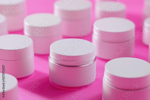 A collection of white jars on a bright pink surface, ready for use or display