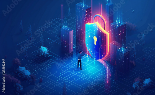 Flattened Isometric Cyber Security Banner Featuring Businessman Protecting Data with Shield Icon and Lock for Enhanced Confidentiality and Privacy