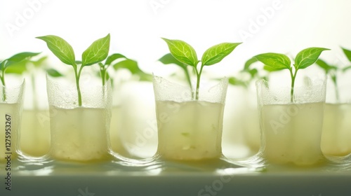 Fresh green seedlings growing in transparent containers, illuminated by soft light, showcasing growth