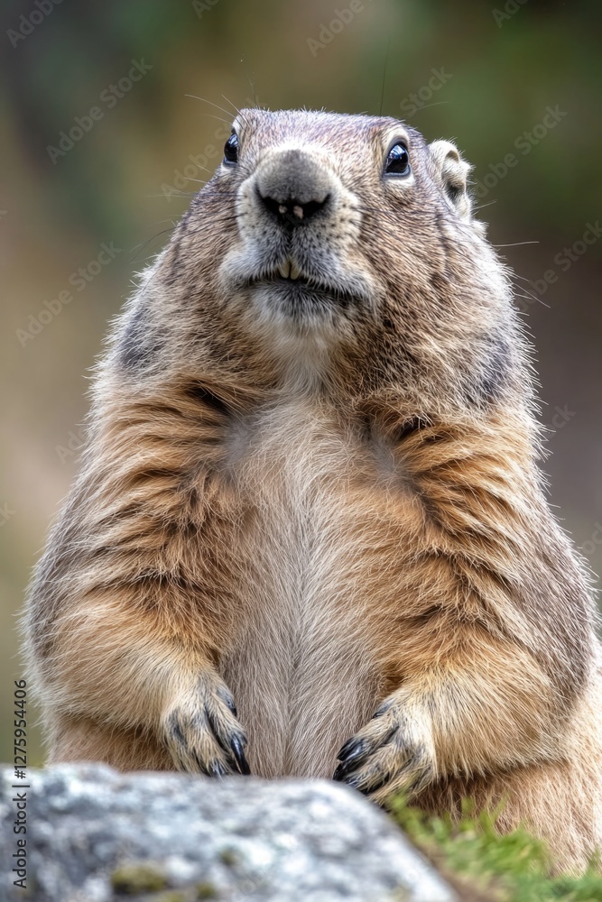 A groundhog standing upright on a rocky outcropping, with a grassy background A groundhog standing upright on a rocky outcropping, with a grassy background
