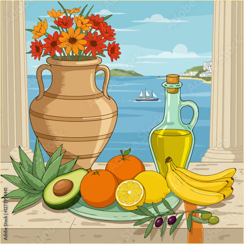 Mediterranean Still Life with Vase, Flowers, Fruits, and Sea View