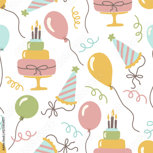 Birthday pattern with cake balloons and party hats vector illustration