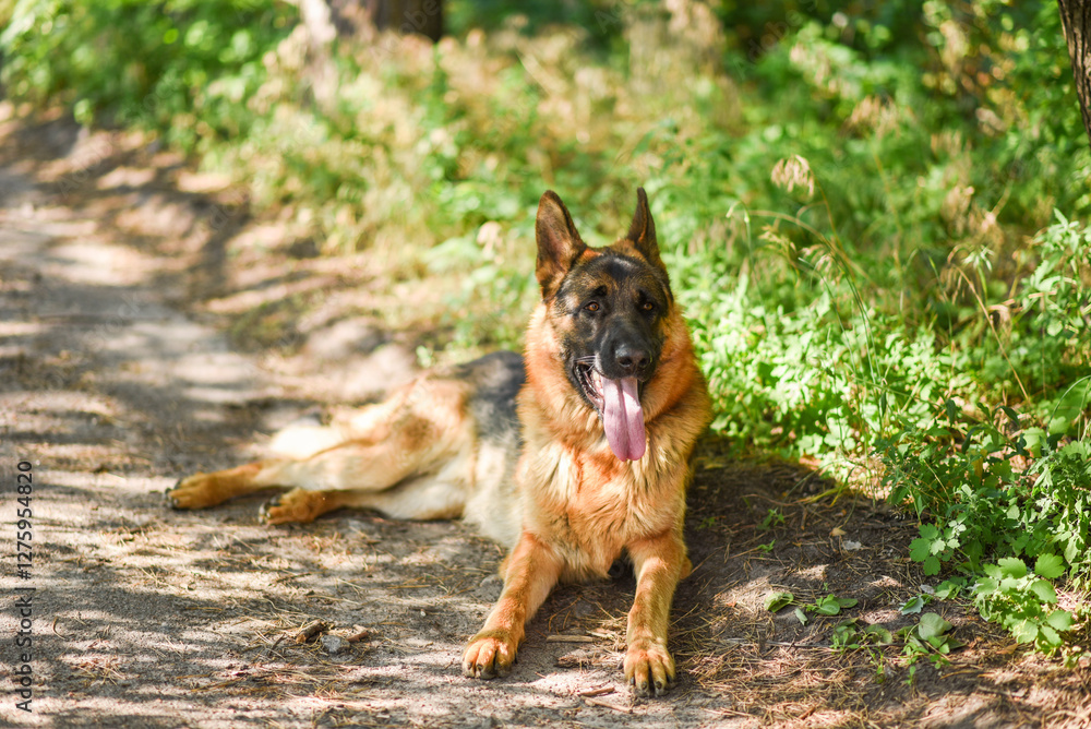 male German Shepherd on a walk in the summer forest, large dog walks in the field in the sunlight, walking a dog in the warm season, dog carries a stick male German Shepherd on a walk in the summer forest, large dog walks in the field in the sunlight, walking a dog in the warm season, dog carries a stick