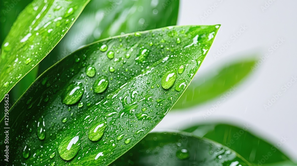 Fototapeta premium Dewy green leaves, close-up; nature background, eco concept