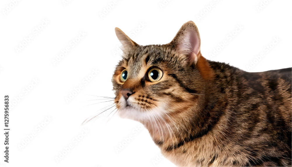 Tabby cat gazing upward isolated on clear png background Tabby cat gazing upward isolated on clear png background