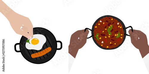 Male hands hold cast iron skillet with Chili con carne and Female hand greens decorate fry egg Set 2