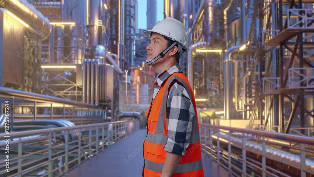 Side View Of Asian Male Engineer With Safety Helmet Looking Around While Standing At A Vast Oil Refinery Side View Of Asian Male Engineer With Safety Helmet Looking Around While Standing At A Vast Oil Refinery