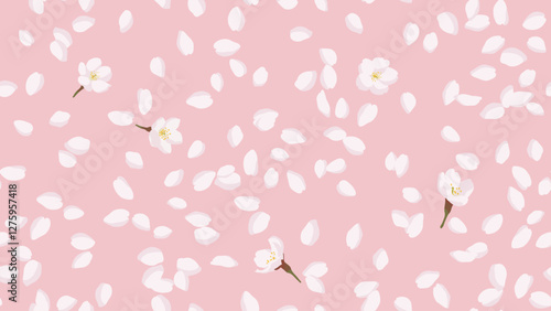 Seamless pattern with hand drawn cherry blossoms and petals in pink background