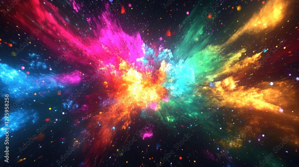 Naklejka premium A dynamic explosion of light and color in a dark space, representing the theme of power and energy.