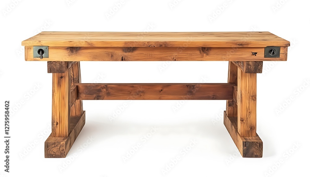 Rustic wooden workbench with strong simple design isolated white background Rustic wooden workbench with strong simple design isolated white background