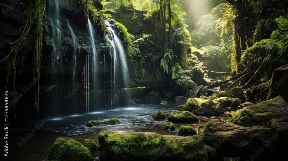 Obraz premium Enchanting waterfall cascading through a vibrant, mossy green rainforest