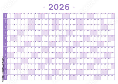 Horizontal modern purple calendar 2026. Calendar planner template 70x50. Desk or wall calendar in minimalist style