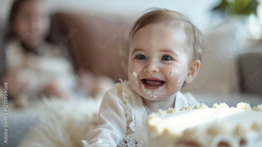 The image shows a young baby at a birthday celebration, surrounded by cake and party decorations, smiling and looking at the camera with joyful anticipation of eating the cake. The image shows a young baby at a birthday celebration, surrounded by cake and party decorations, smiling and looking at the camera with joyful anticipation of eating the cake.