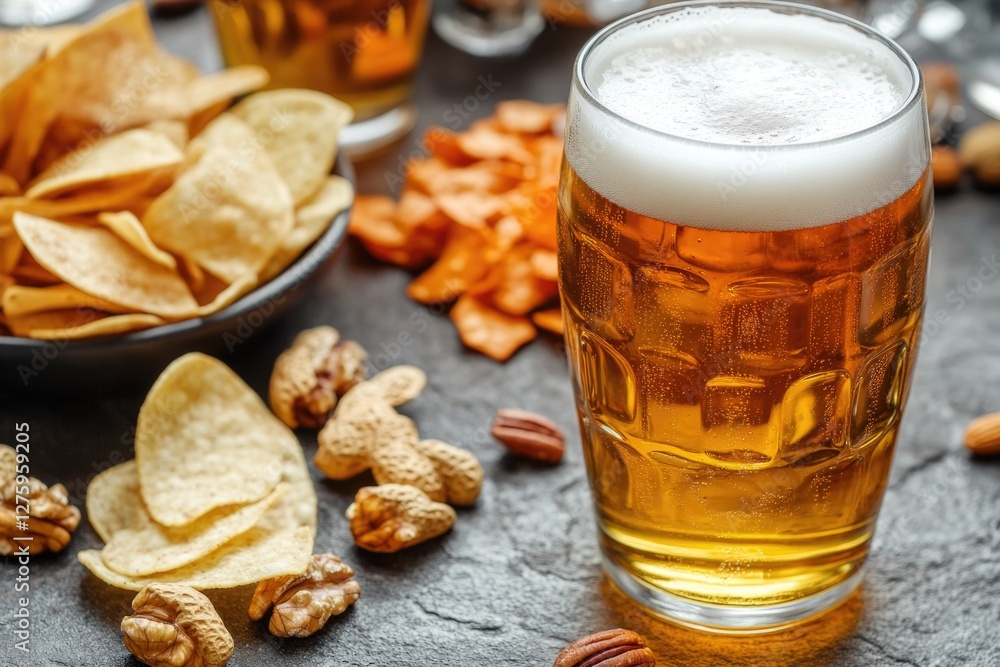 A glass of beer placed next to a bowl of chips and nuts