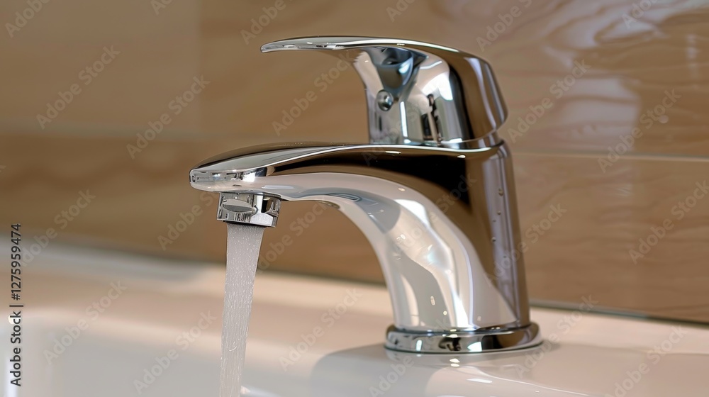 Sleek chrome faucet with flowing water in a stylish modern sink setup for contemporary homes Sleek chrome faucet with flowing water in a stylish modern sink setup for contemporary homes