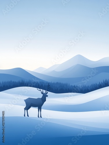 Serene winter landscape featuring a deer in a snowy setting with distant mountains and trees
