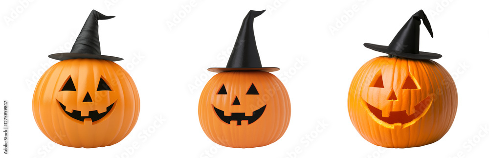 Fototapeta premium Three Halloween Pumpkins with Witch Hats Displayed Isolated on transparent background