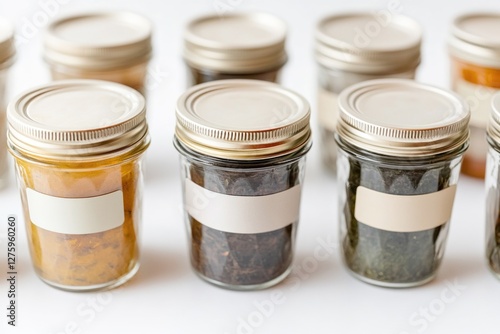 Collection of spice jars with various ingredients
