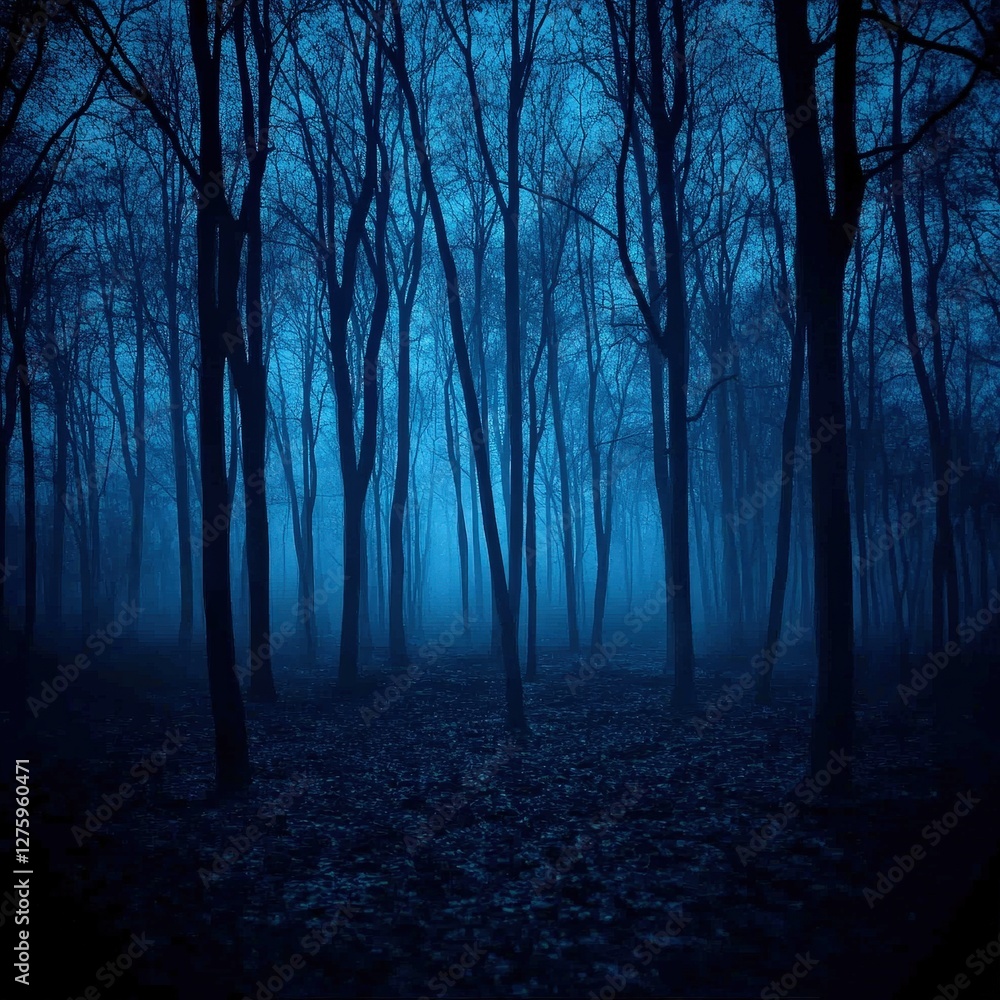 Obraz premium Dark woods Foggy forest with bare trees for Halloween, mystery, horror, or nature background