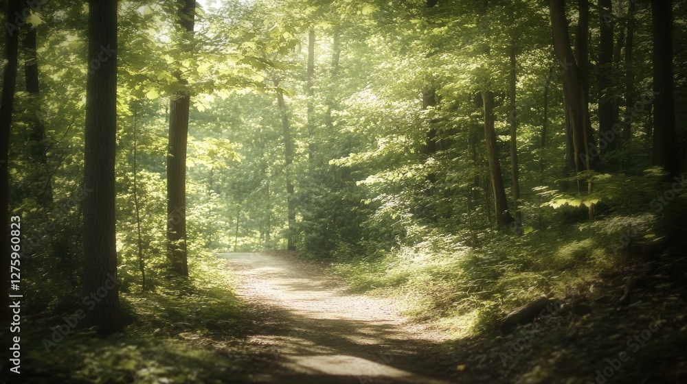 Naklejka premium A gentle blur effect of a forest pathway, with light filtering through the leaves, creating a peaceful, serene mood.