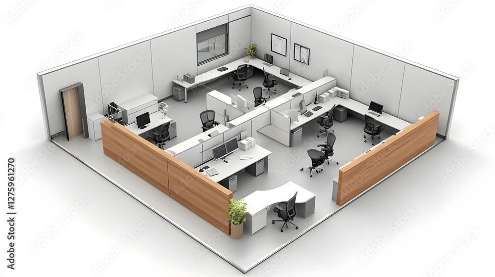 Modern office interior with desks and chairs in an open space setting, featuring a blank white wall on the right for copy space. 3D Rendering,
Modern office interior with desks and chairs in an open space setting, featuring a blank white wall on the right for copy space. 3D Rendering,