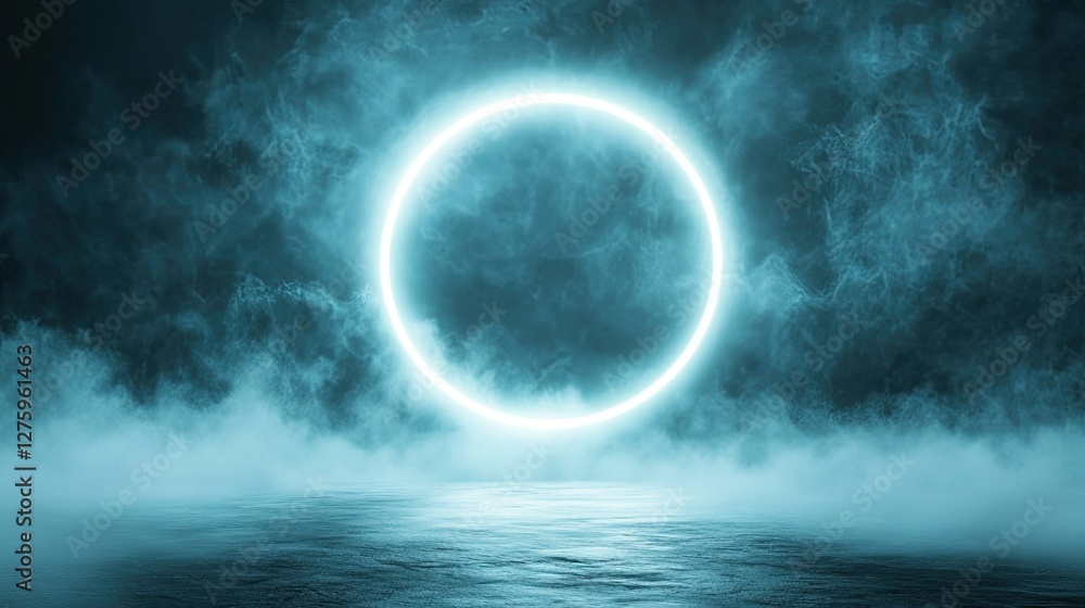 A glowing circular halo light effect floating in the darkness, surrounded by faint mist. A glowing circular halo light effect floating in the darkness, surrounded by faint mist.