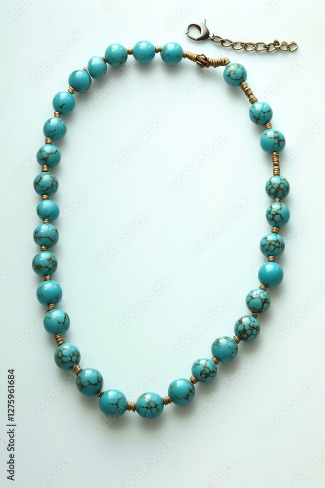 A close-up of a turquoise bead necklace lying on a white surface, ready to be worn or used as jewelry A close-up of a turquoise bead necklace lying on a white surface, ready to be worn or used as jewelry