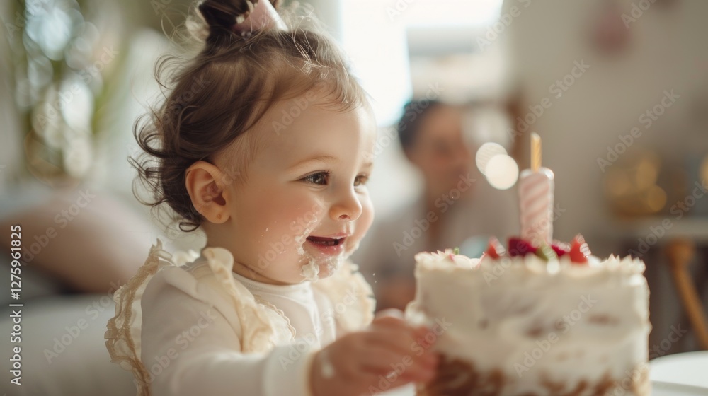 This image depicts a young child at a birthday celebration, holding a slice of cake with a joyful expression. The background features a family member watching from the side. This image depicts a young child at a birthday celebration, holding a slice of cake with a joyful expression. The background features a family member watching from the side.